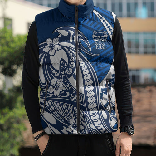 Personalized Geelong Cats Sleeveless Puffer Jacket Polynesian Tribal Cat Mascot With Hibiscus Floral Art