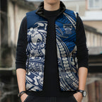 Personalized Geelong Cats Sleeveless Puffer Jacket Polynesian Tribal Cat Mascot With Hibiscus Floral Art