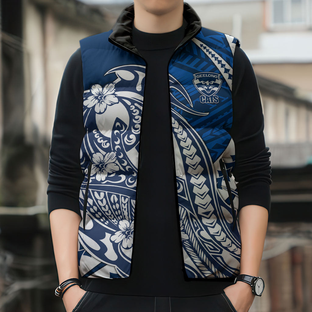 Personalized Geelong Cats Sleeveless Puffer Jacket Polynesian Tribal Cat Mascot With Hibiscus Floral Art