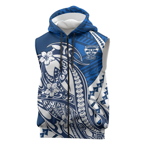 Personalized Geelong Cats Sleeveless Zip Hoodie Polynesian Tribal Cat Mascot With Hibiscus Floral Art