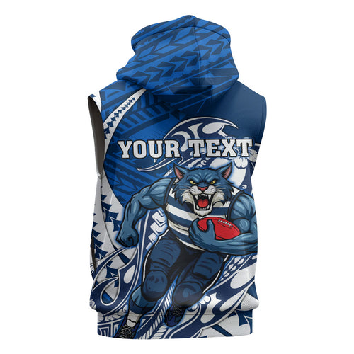 Personalized Geelong Cats Sleeveless Zip Hoodie Polynesian Tribal Cat Mascot With Hibiscus Floral Art