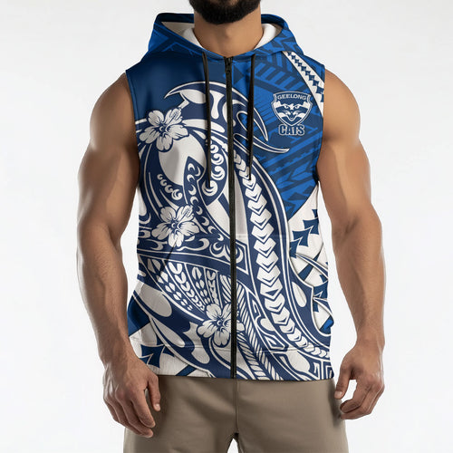 Personalized Geelong Cats Sleeveless Zip Hoodie Polynesian Tribal Cat Mascot With Hibiscus Floral Art