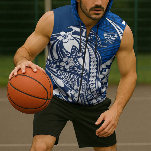 Personalized Geelong Cats Sleeveless Zip Hoodie Polynesian Tribal Cat Mascot With Hibiscus Floral Art