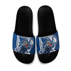 Personalized Geelong Cats Slide Sandals Polynesian Tribal Cat Mascot With Hibiscus Floral Art