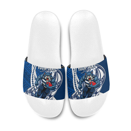 Personalized Geelong Cats Slide Sandals Polynesian Tribal Cat Mascot With Hibiscus Floral Art