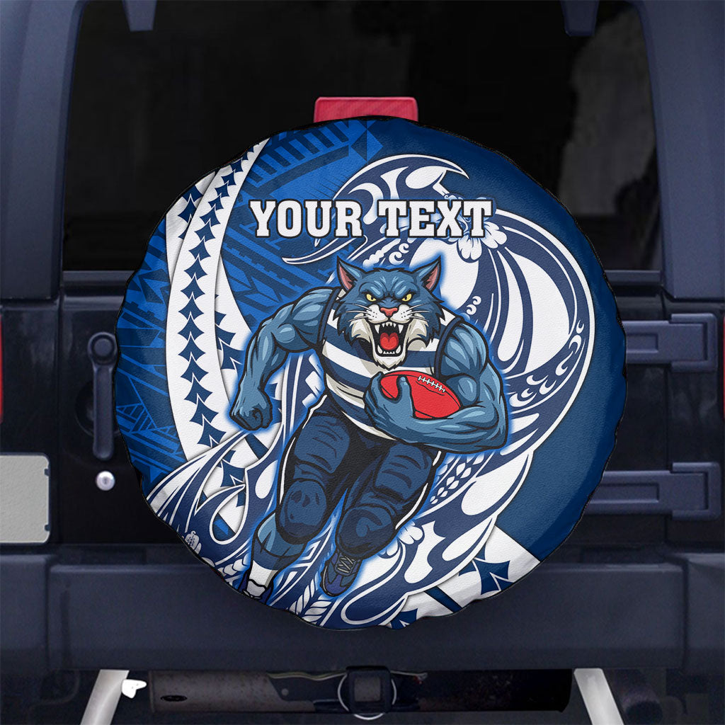 Personalized Geelong Cats Spare Tire Cover Polynesian Tribal Cat Mascot With Hibiscus Floral Art