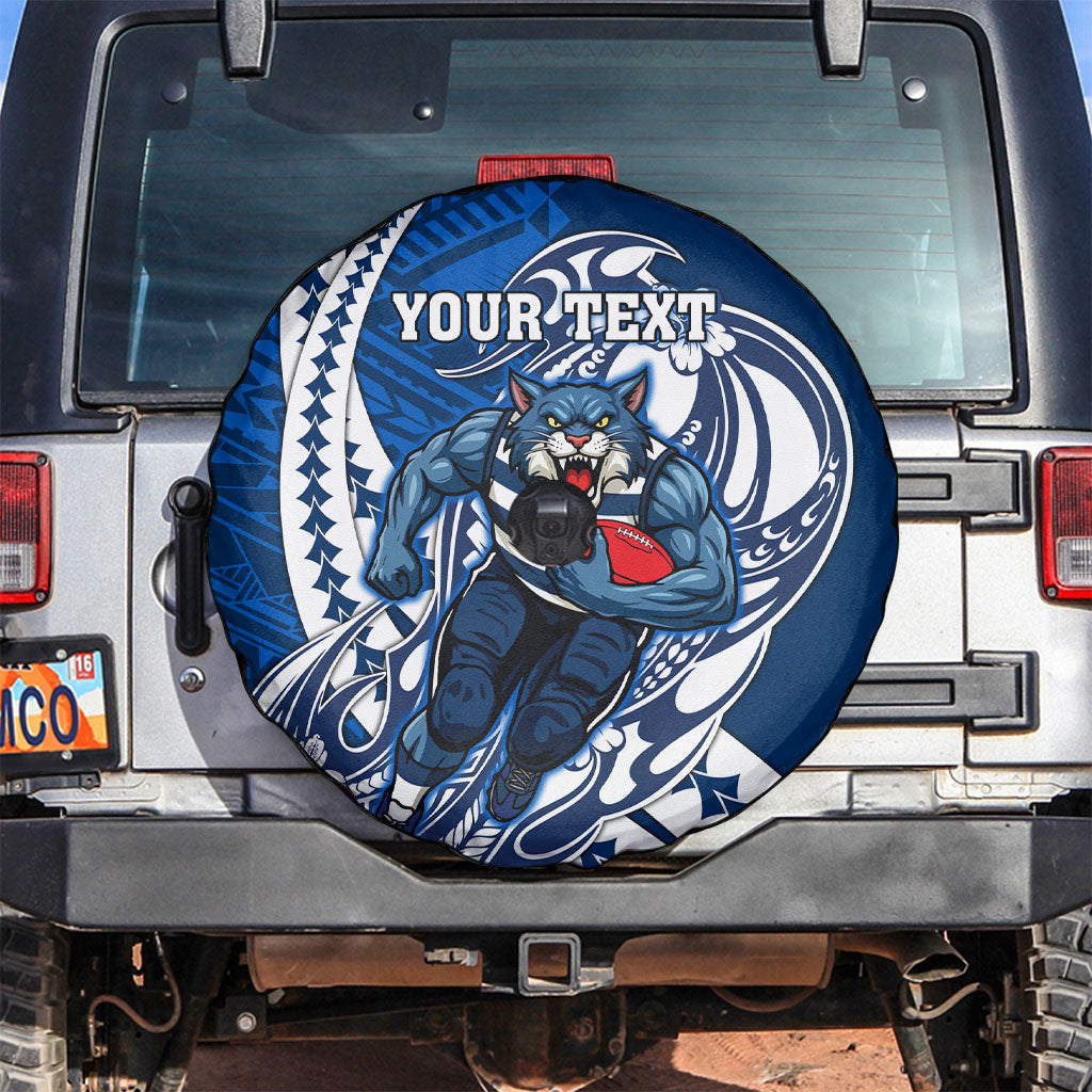 Personalized Geelong Cats Spare Tire Cover Polynesian Tribal Cat Mascot With Hibiscus Floral Art
