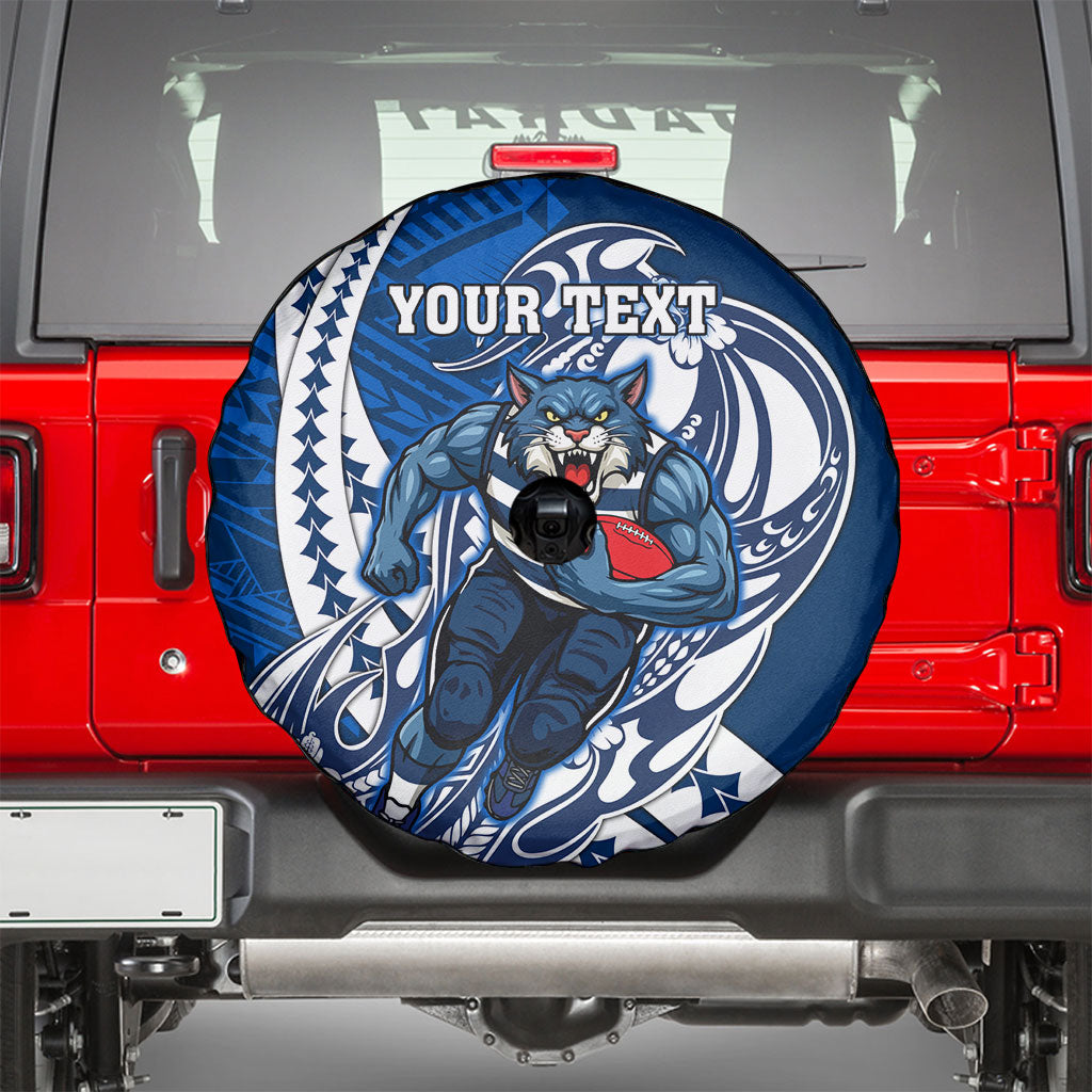 Personalized Geelong Cats Spare Tire Cover Polynesian Tribal Cat Mascot With Hibiscus Floral Art