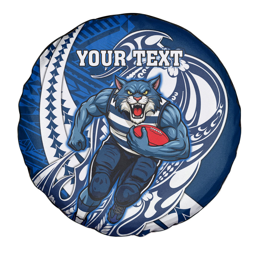 Personalized Geelong Cats Spare Tire Cover Polynesian Tribal Cat Mascot With Hibiscus Floral Art
