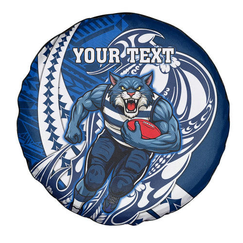 Personalized Geelong Cats Spare Tire Cover Polynesian Tribal Cat Mascot With Hibiscus Floral Art