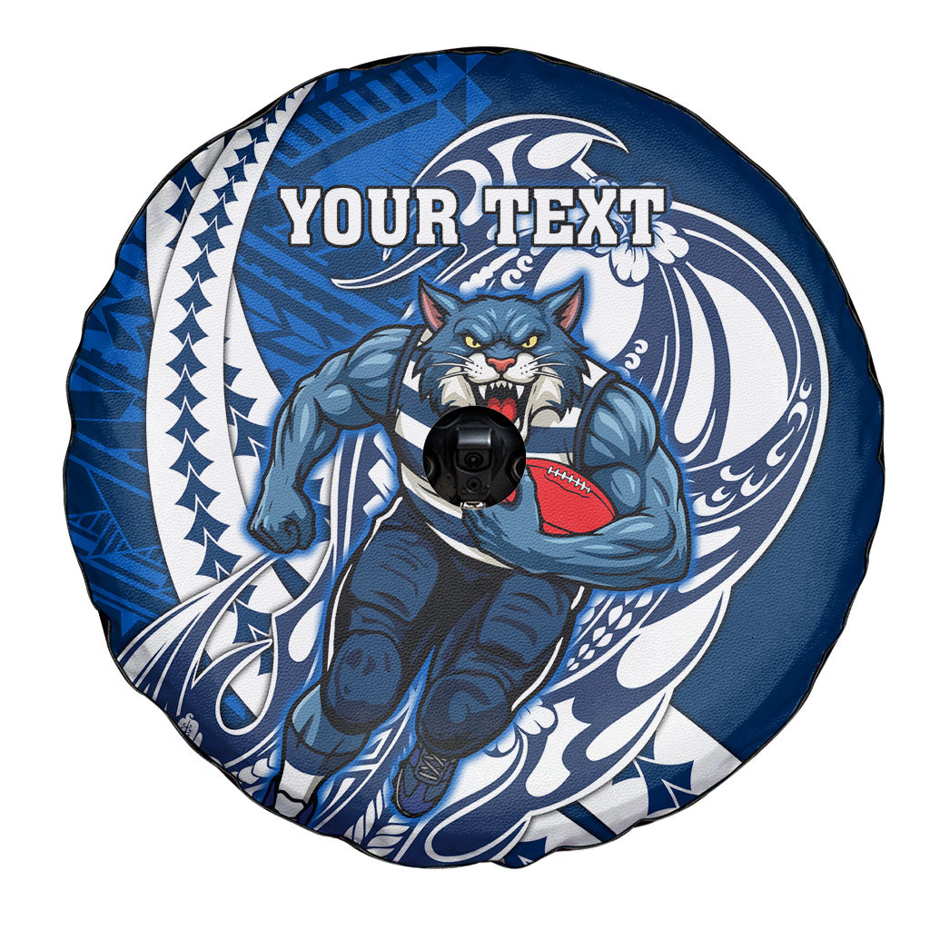 Personalized Geelong Cats Spare Tire Cover Polynesian Tribal Cat Mascot With Hibiscus Floral Art