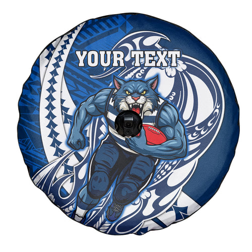 Personalized Geelong Cats Spare Tire Cover Polynesian Tribal Cat Mascot With Hibiscus Floral Art