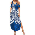Personalized Geelong Cats Summer Maxi Dress Polynesian Tribal Cat Mascot With Hibiscus Floral Art