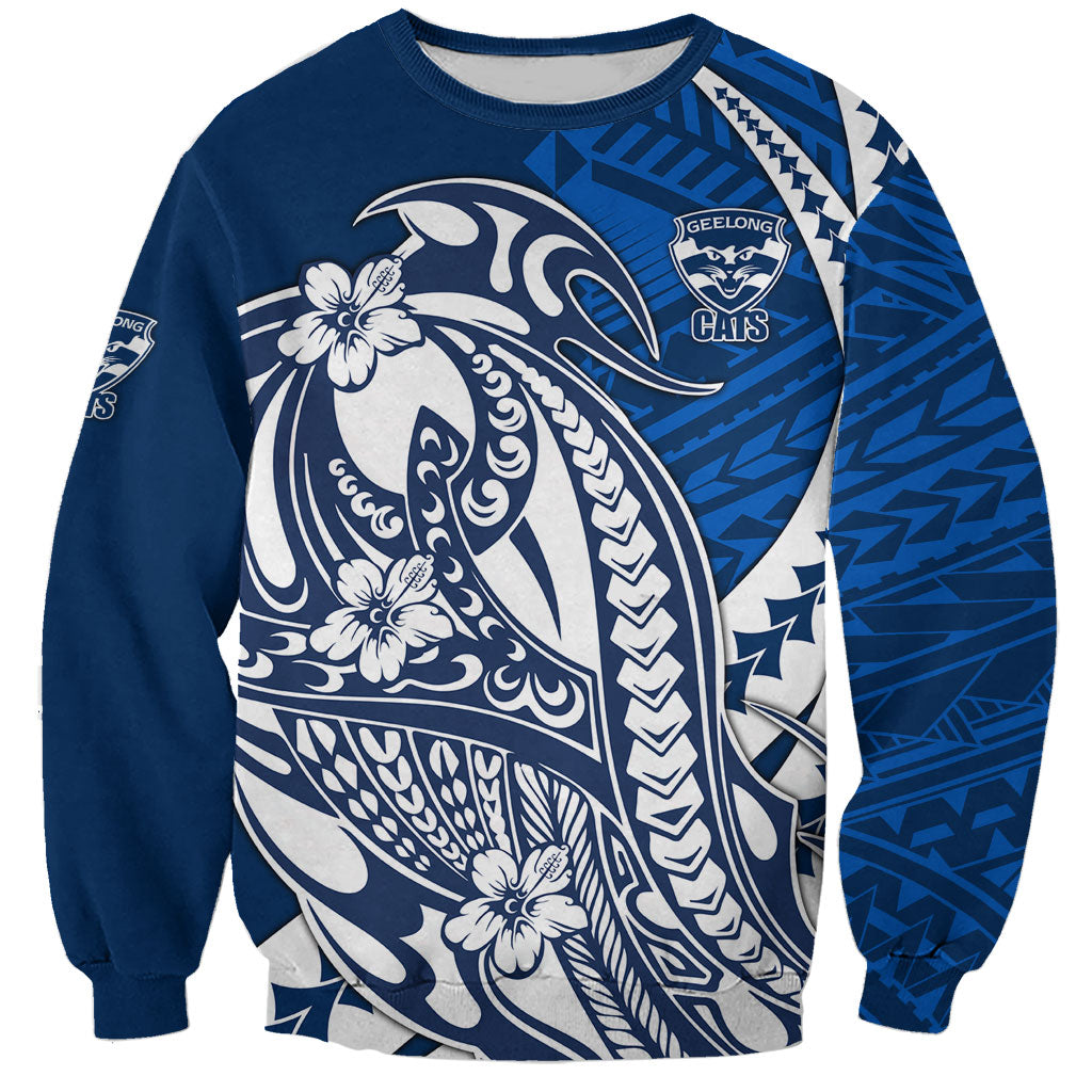 Personalized Geelong Cats Sweatshirt Polynesian Tribal Cat Mascot With Hibiscus Floral Art