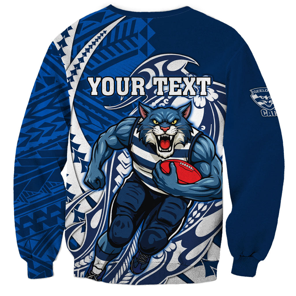 Personalized Geelong Cats Sweatshirt Polynesian Tribal Cat Mascot With Hibiscus Floral Art