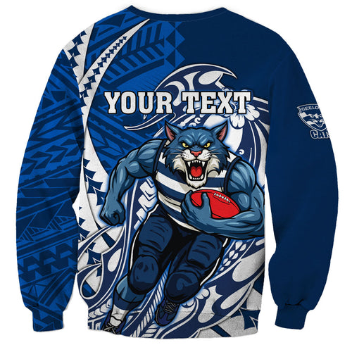 Personalized Geelong Cats Sweatshirt Polynesian Tribal Cat Mascot With Hibiscus Floral Art