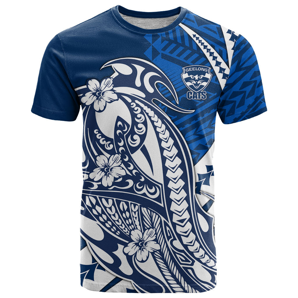 Personalized Geelong Cats T Shirt Polynesian Tribal Cat Mascot With Hibiscus Floral Art