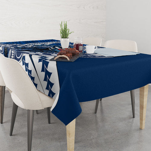 Personalized Geelong Cats Tablecloth Polynesian Tribal Cat Mascot With Hibiscus Floral Art