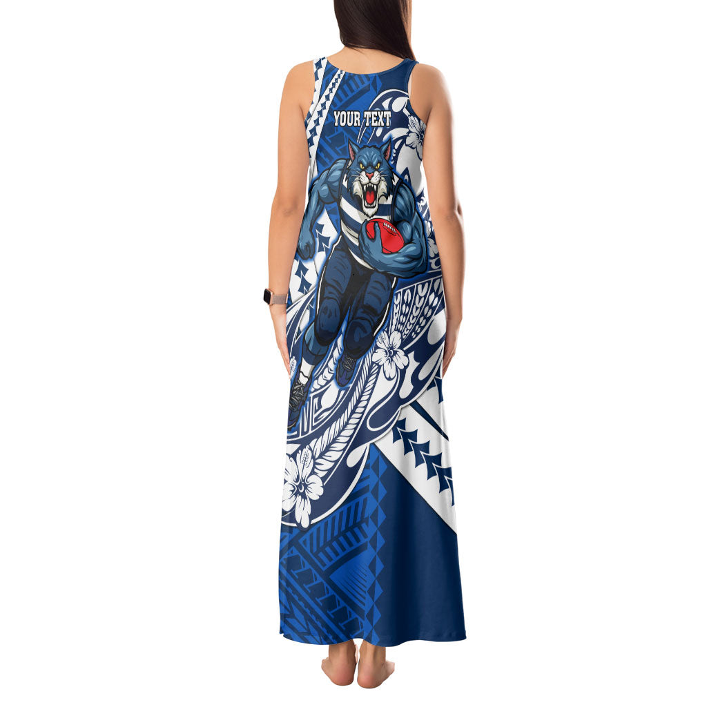 Personalized Geelong Cats Tank Maxi Dress Polynesian Tribal Cat Mascot With Hibiscus Floral Art