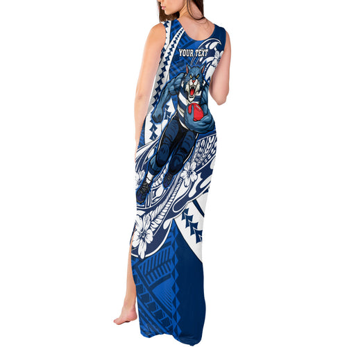 Personalized Geelong Cats Tank Maxi Dress Polynesian Tribal Cat Mascot With Hibiscus Floral Art