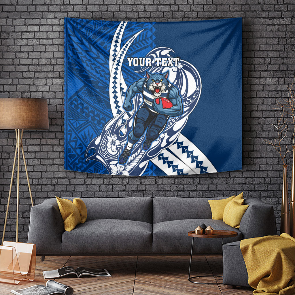 Personalized Geelong Cats Tapestry Polynesian Tribal Cat Mascot With Hibiscus Floral Art