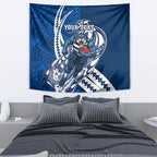 Personalized Geelong Cats Tapestry Polynesian Tribal Cat Mascot With Hibiscus Floral Art