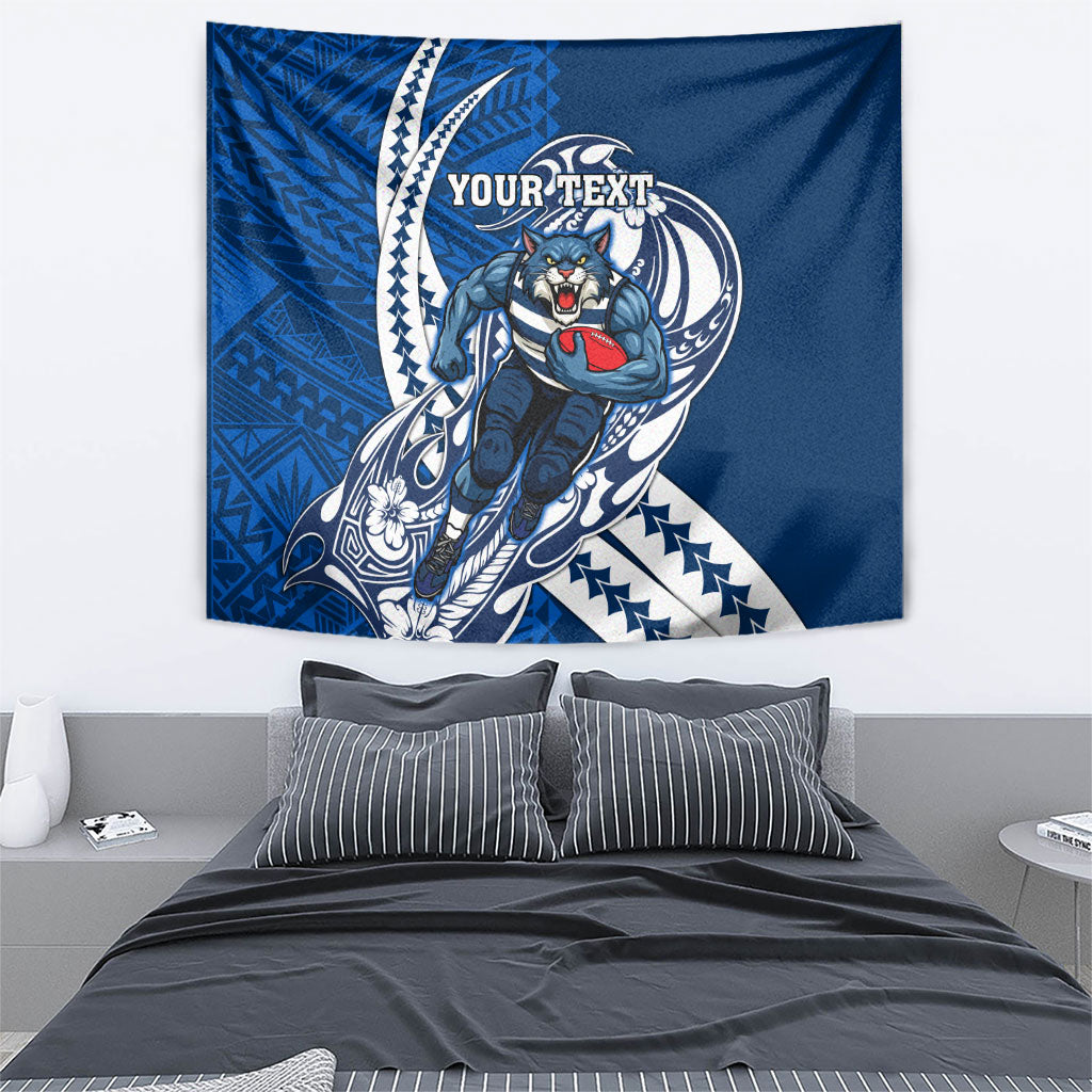 Personalized Geelong Cats Tapestry Polynesian Tribal Cat Mascot With Hibiscus Floral Art