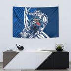 Personalized Geelong Cats Tapestry Polynesian Tribal Cat Mascot With Hibiscus Floral Art