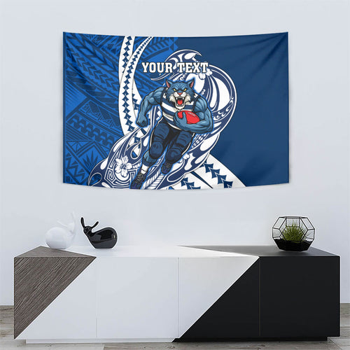 Personalized Geelong Cats Tapestry Polynesian Tribal Cat Mascot With Hibiscus Floral Art