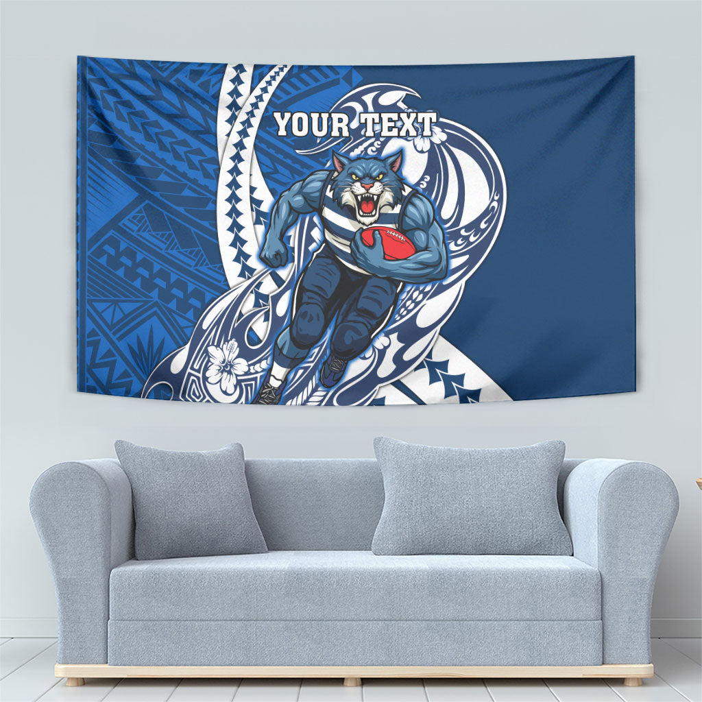 Personalized Geelong Cats Tapestry Polynesian Tribal Cat Mascot With Hibiscus Floral Art