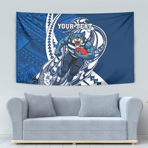 Personalized Geelong Cats Tapestry Polynesian Tribal Cat Mascot With Hibiscus Floral Art