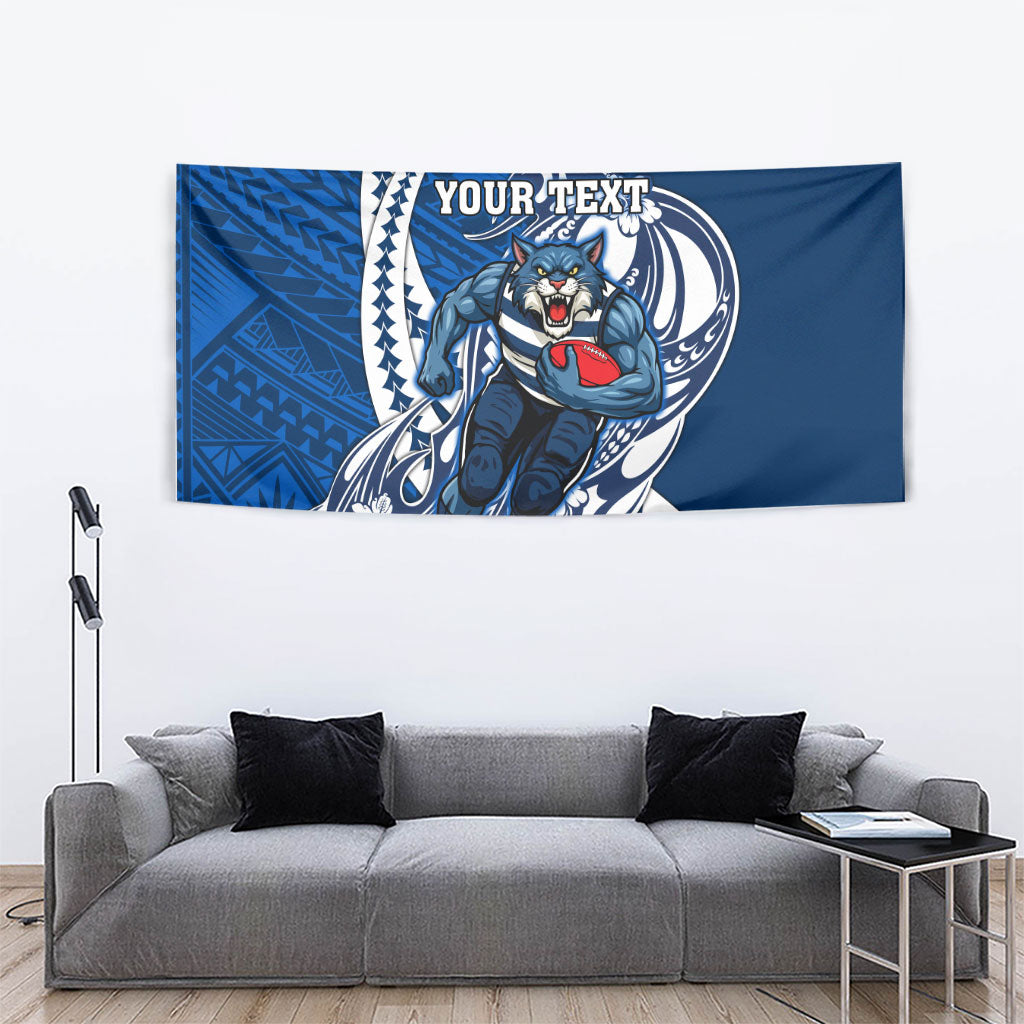 Personalized Geelong Cats Tapestry Polynesian Tribal Cat Mascot With Hibiscus Floral Art