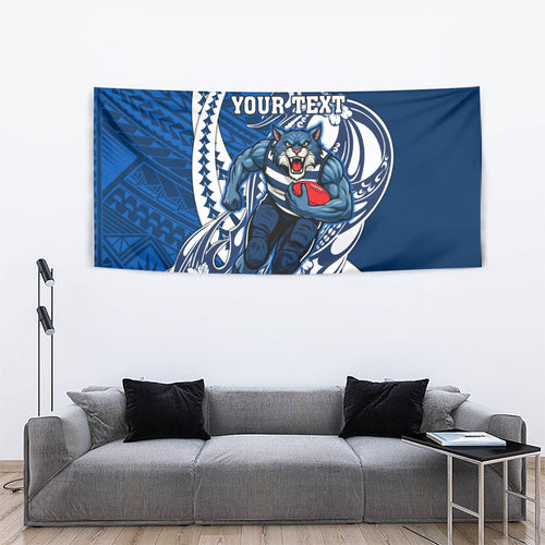 Personalized Geelong Cats Tapestry Polynesian Tribal Cat Mascot With Hibiscus Floral Art