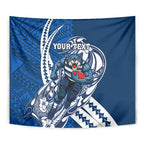 Personalized Geelong Cats Tapestry Polynesian Tribal Cat Mascot With Hibiscus Floral Art