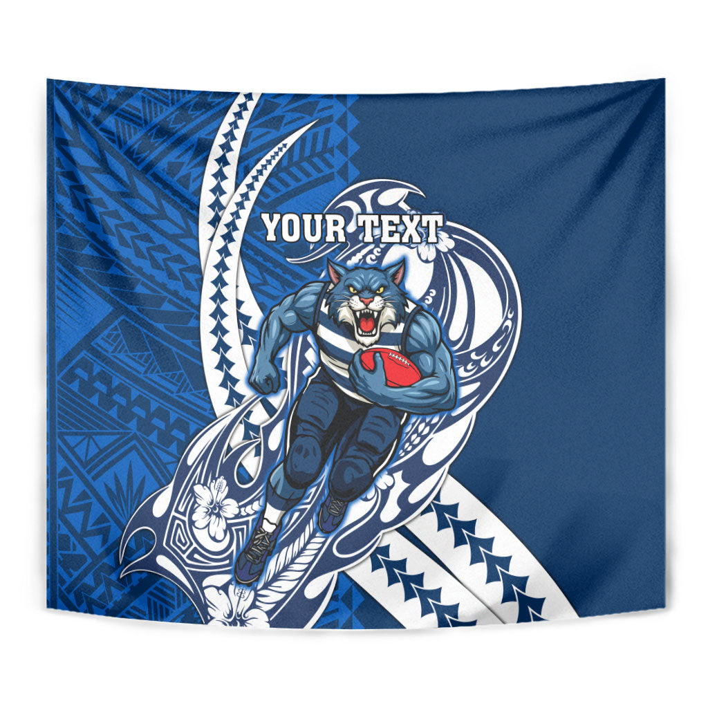 Personalized Geelong Cats Tapestry Polynesian Tribal Cat Mascot With Hibiscus Floral Art