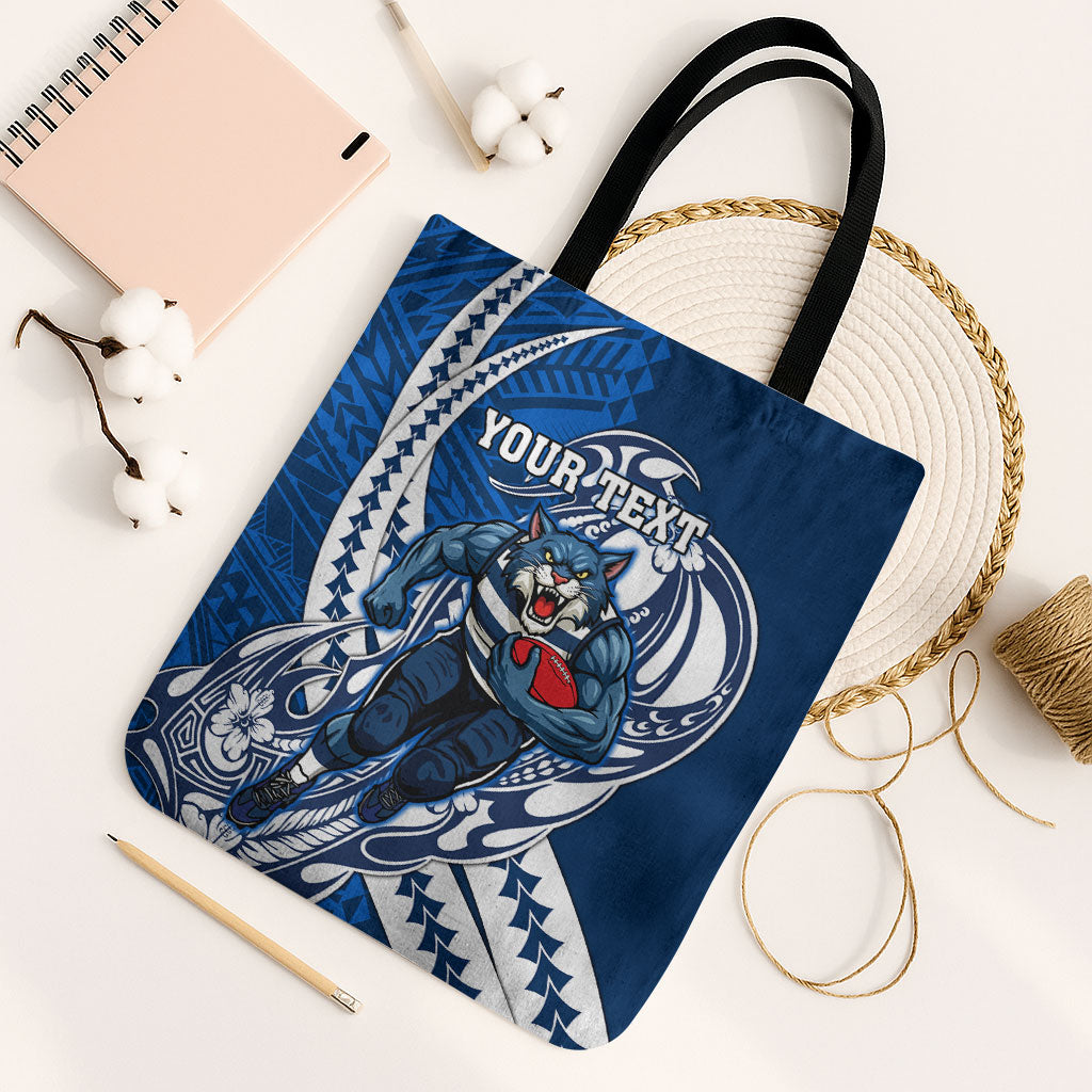 Personalized Geelong Cats Tote Bag Polynesian Tribal Cat Mascot With Hibiscus Floral Art