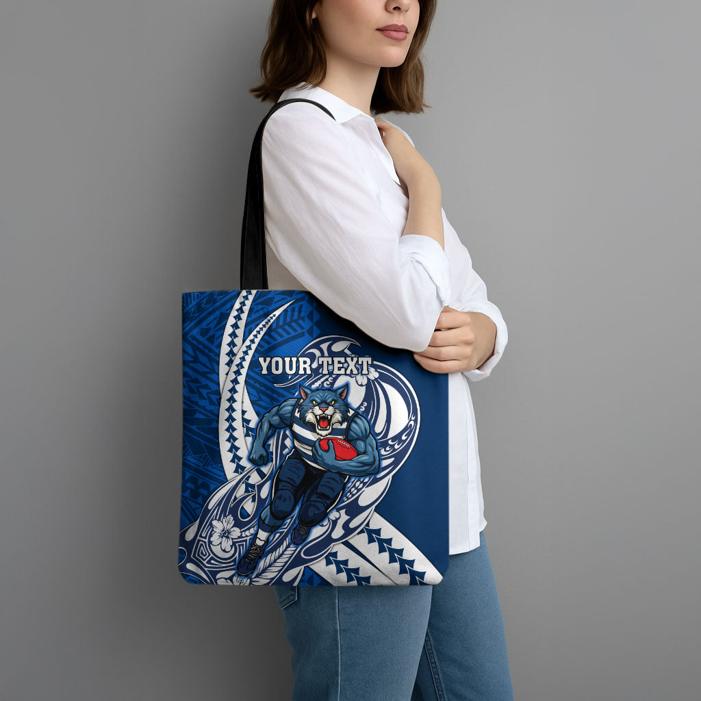 Personalized Geelong Cats Tote Bag Polynesian Tribal Cat Mascot With Hibiscus Floral Art