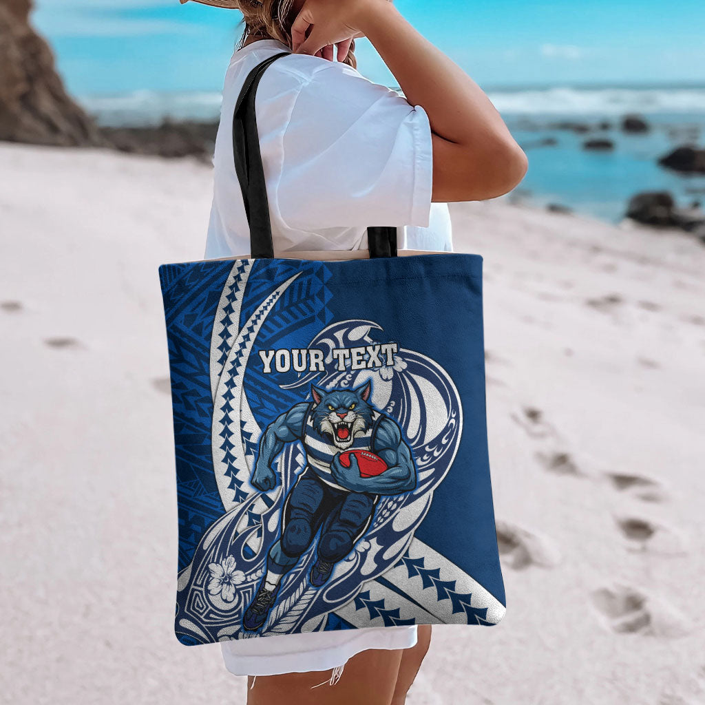 Personalized Geelong Cats Tote Bag Polynesian Tribal Cat Mascot With Hibiscus Floral Art