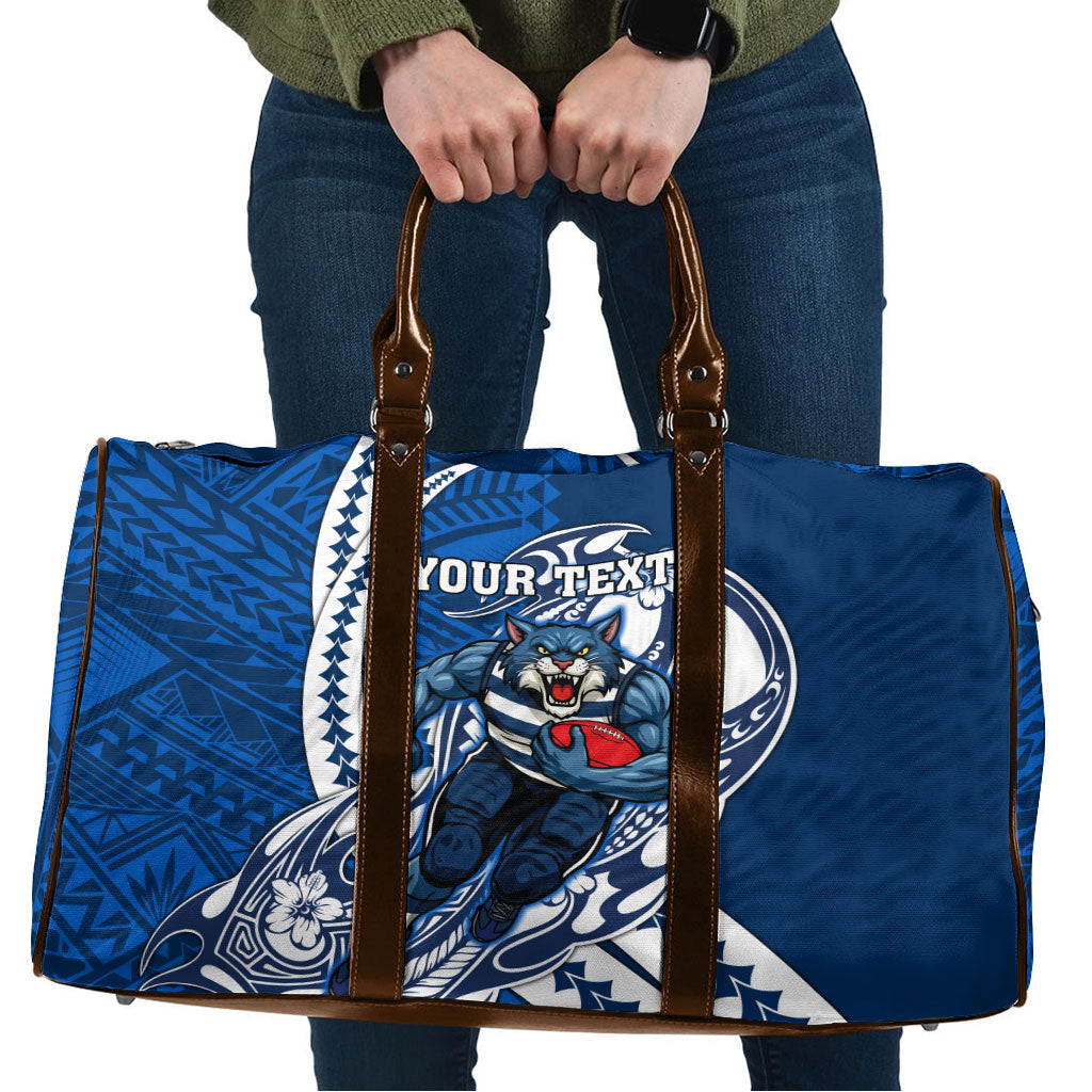 Personalized Geelong Cats Travel Bag Polynesian Tribal Cat Mascot With Hibiscus Floral Art