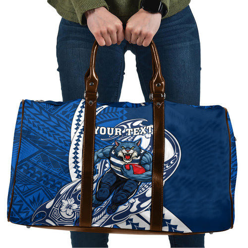 Personalized Geelong Cats Travel Bag Polynesian Tribal Cat Mascot With Hibiscus Floral Art