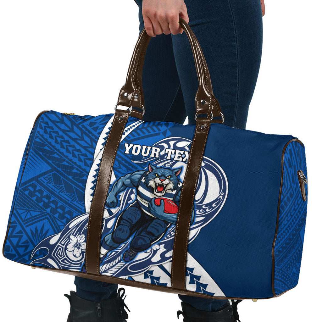 Personalized Geelong Cats Travel Bag Polynesian Tribal Cat Mascot With Hibiscus Floral Art