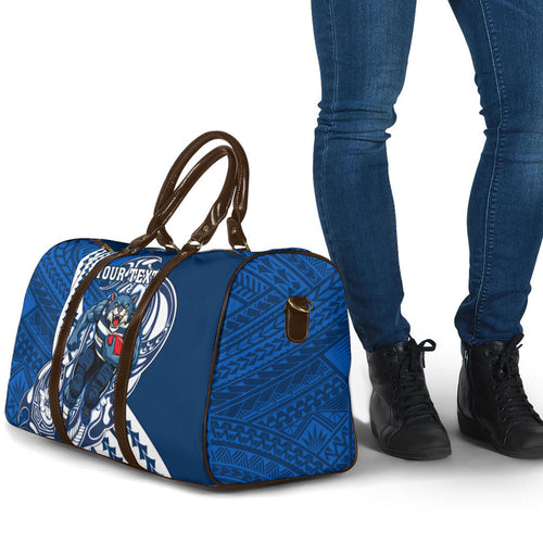 Personalized Geelong Cats Travel Bag Polynesian Tribal Cat Mascot With Hibiscus Floral Art
