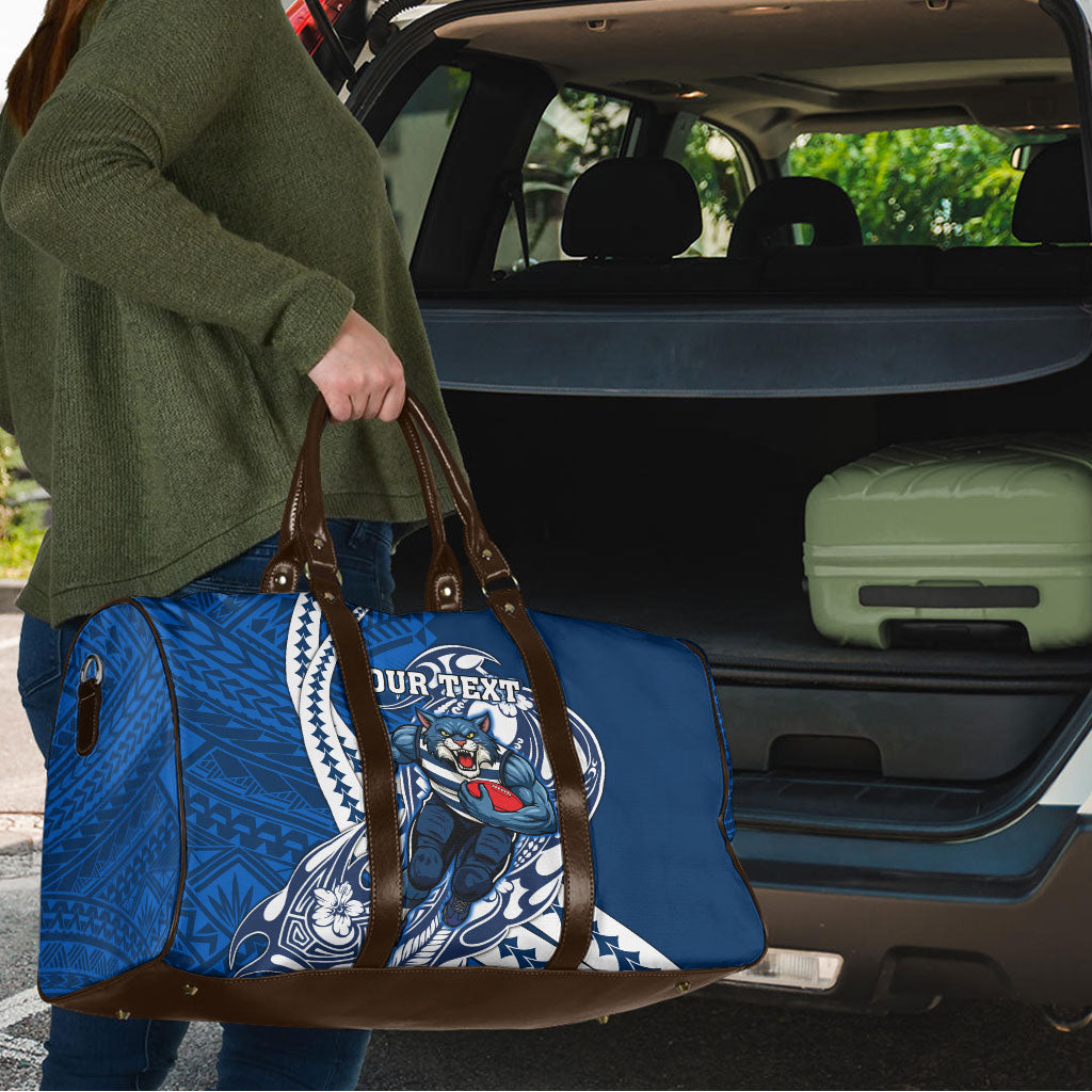 Personalized Geelong Cats Travel Bag Polynesian Tribal Cat Mascot With Hibiscus Floral Art