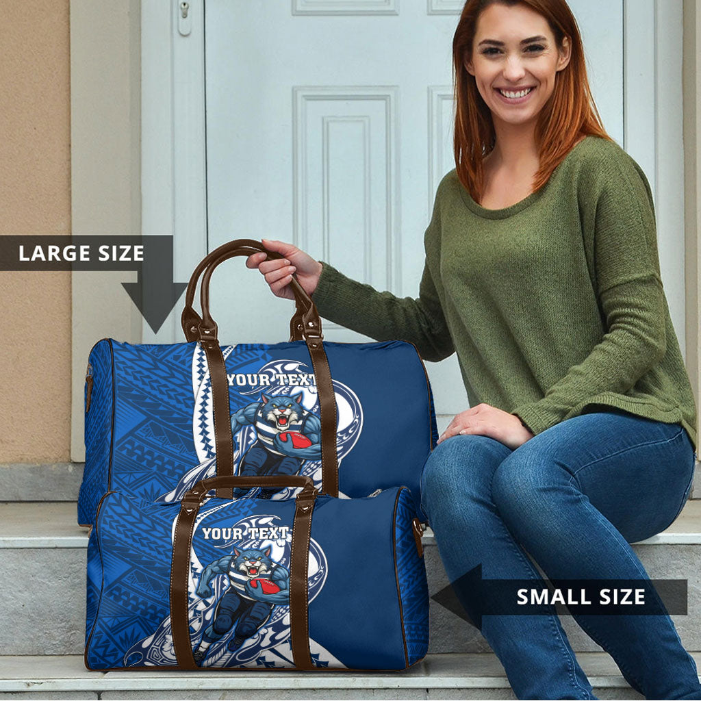 Personalized Geelong Cats Travel Bag Polynesian Tribal Cat Mascot With Hibiscus Floral Art