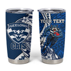 Personalized Geelong Cats Tumbler Cup Polynesian Tribal Cat Mascot With Hibiscus Floral Art