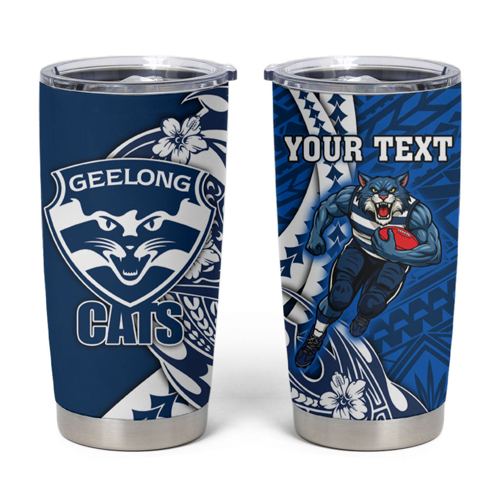 Personalized Geelong Cats Tumbler Cup Polynesian Tribal Cat Mascot With Hibiscus Floral Art