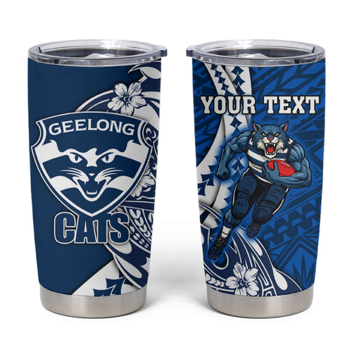 Personalized Geelong Cats Tumbler Cup Polynesian Tribal Cat Mascot With Hibiscus Floral Art