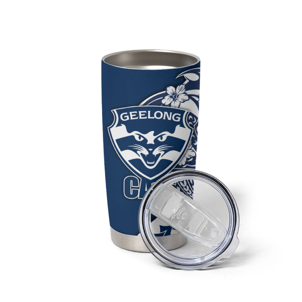 Personalized Geelong Cats Tumbler Cup Polynesian Tribal Cat Mascot With Hibiscus Floral Art
