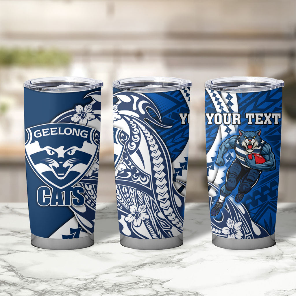 Personalized Geelong Cats Tumbler Cup Polynesian Tribal Cat Mascot With Hibiscus Floral Art