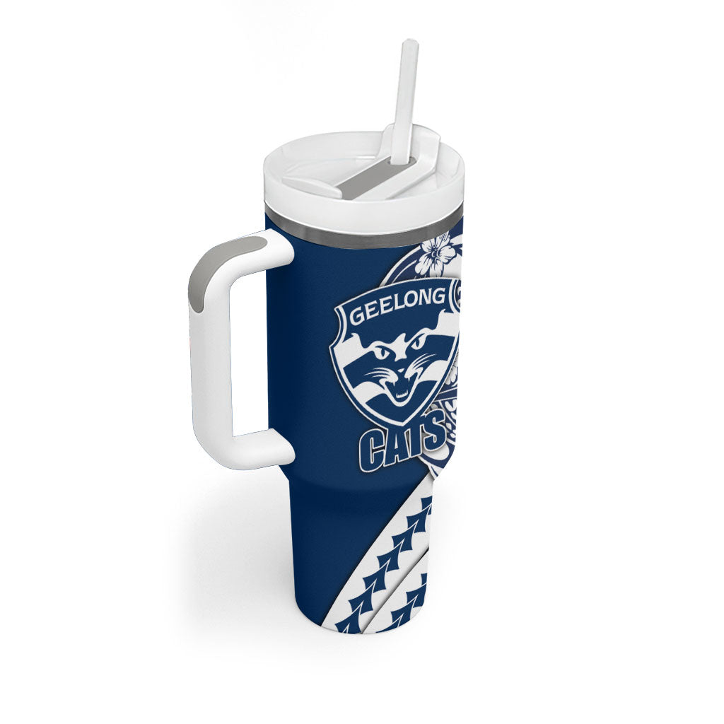 Personalized Geelong Cats Tumbler With Handle Polynesian Tribal Cat Mascot With Hibiscus Floral Art